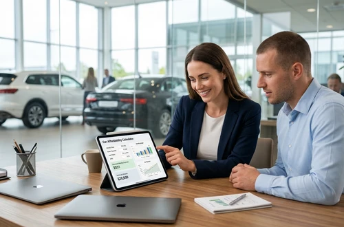 DriveWise lending specialist reviewing a car loan application with a client in a bright modern office